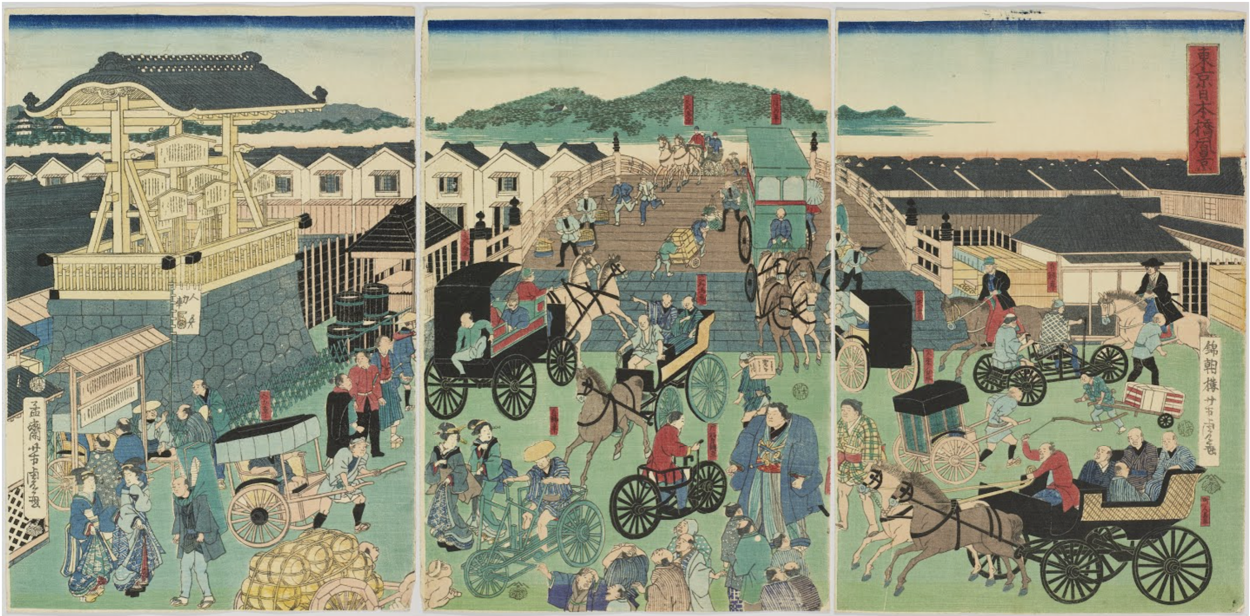 浮世絵、筋違新眼鏡橋弌覧三枚綴り、孟齋芳虎画(歌川芳